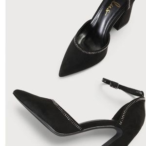 Lulus Lingie black suede rhinestone pointed-toe pumps